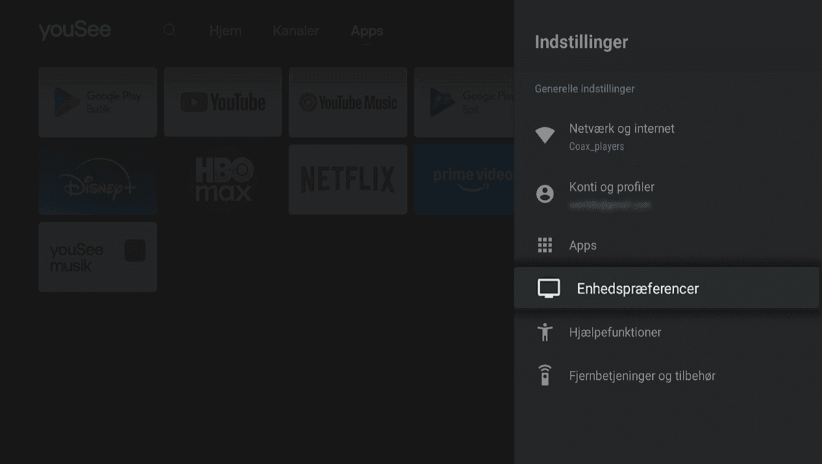 Mørk drop down-menu med titlen Indstillinger er åbnet i højre side. Feltet Enhedspræferencer er markeret og valgt.